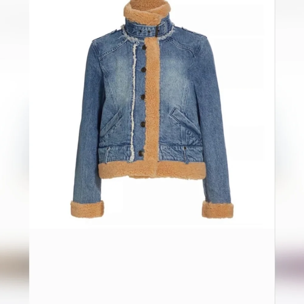 Free People Rylee Cozy Moto Sherpa Faux Fur Denim Jacket Womens - Picture 3 of 9